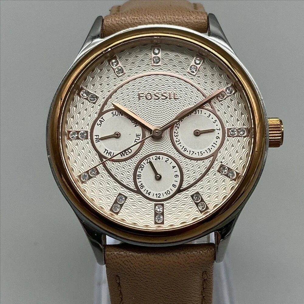 Fossil Womens Watch 36mm Rose Gold Tone Beige Leather Day Date New Battery